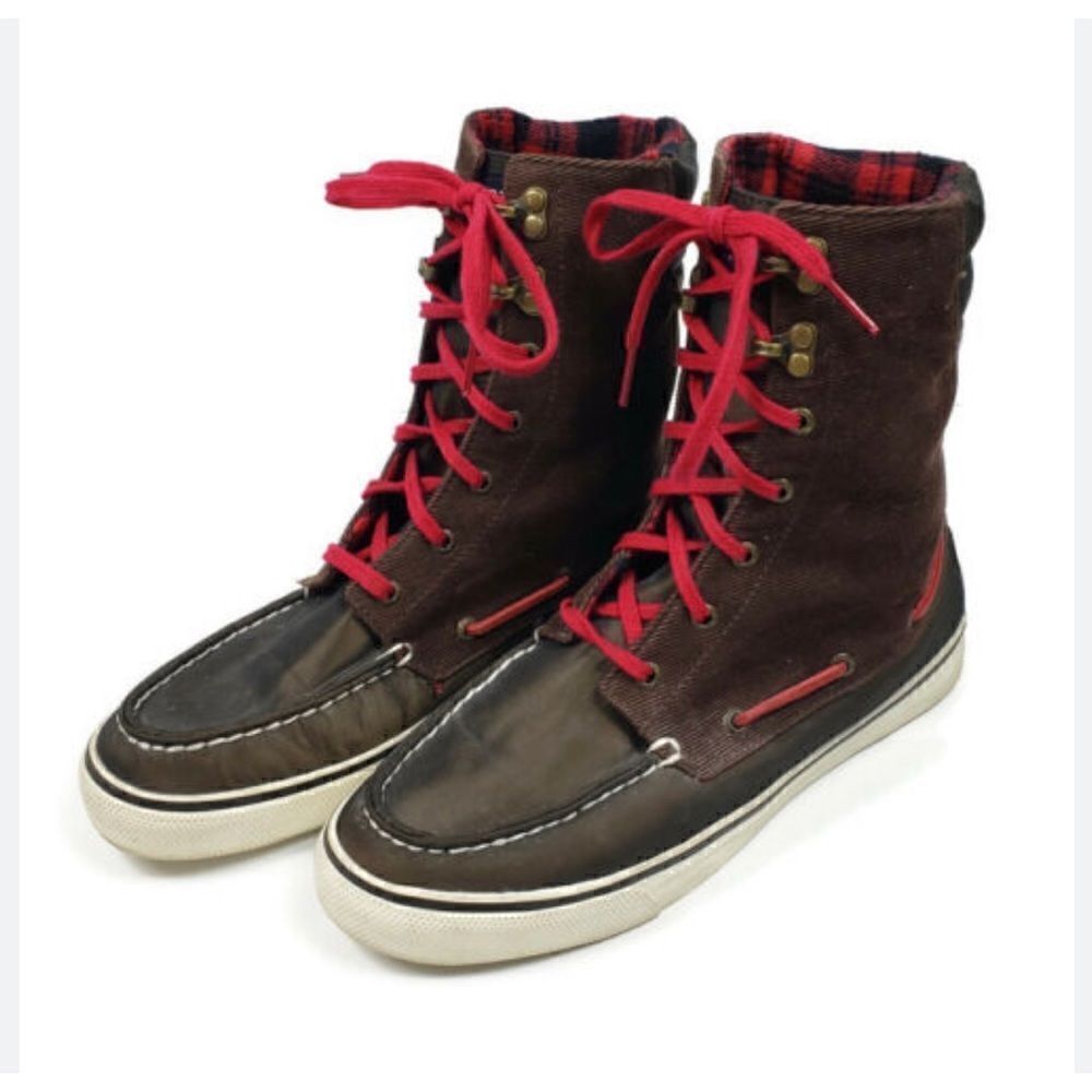 Sperry Top Sider Brown Corduroy Canvas Red Flannel Plaid High Top Sneaker Shoes